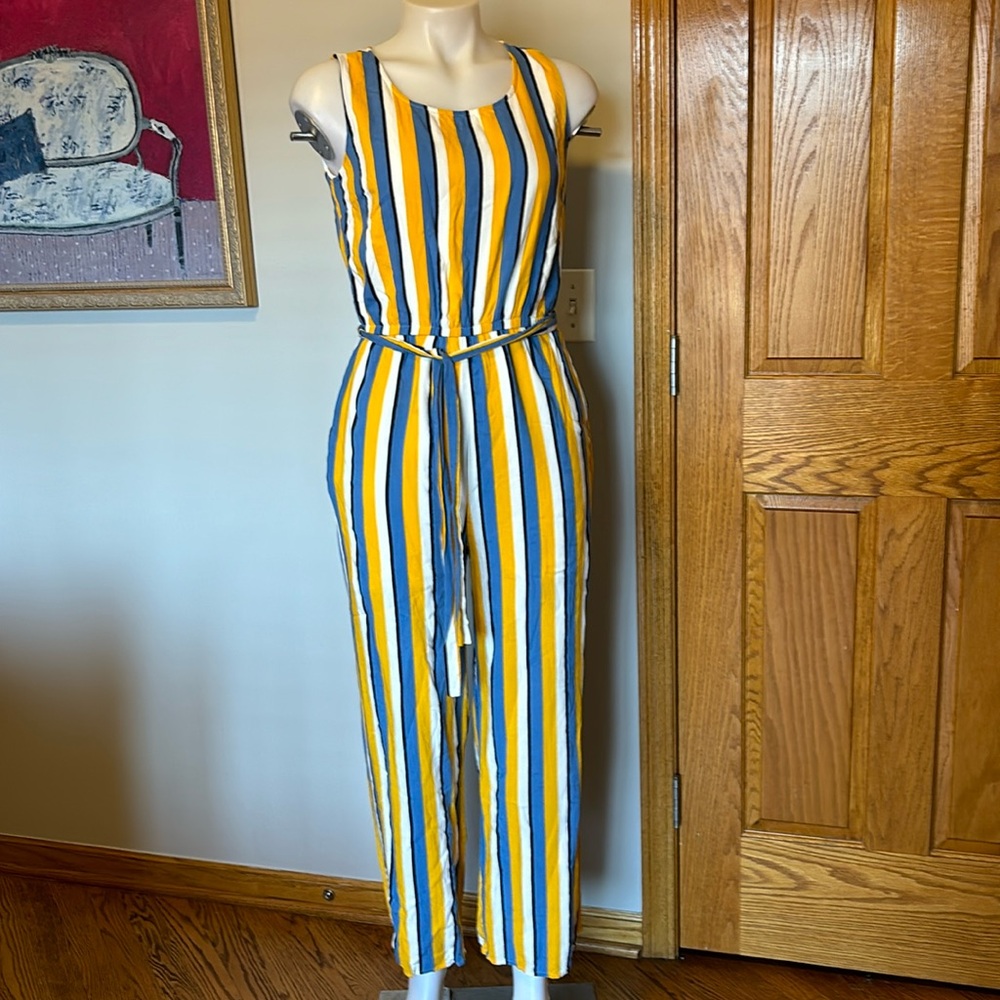 Fun Cropped Jumpsuit. Yellow/White/Blue Stripes.  Size S. By Kori.